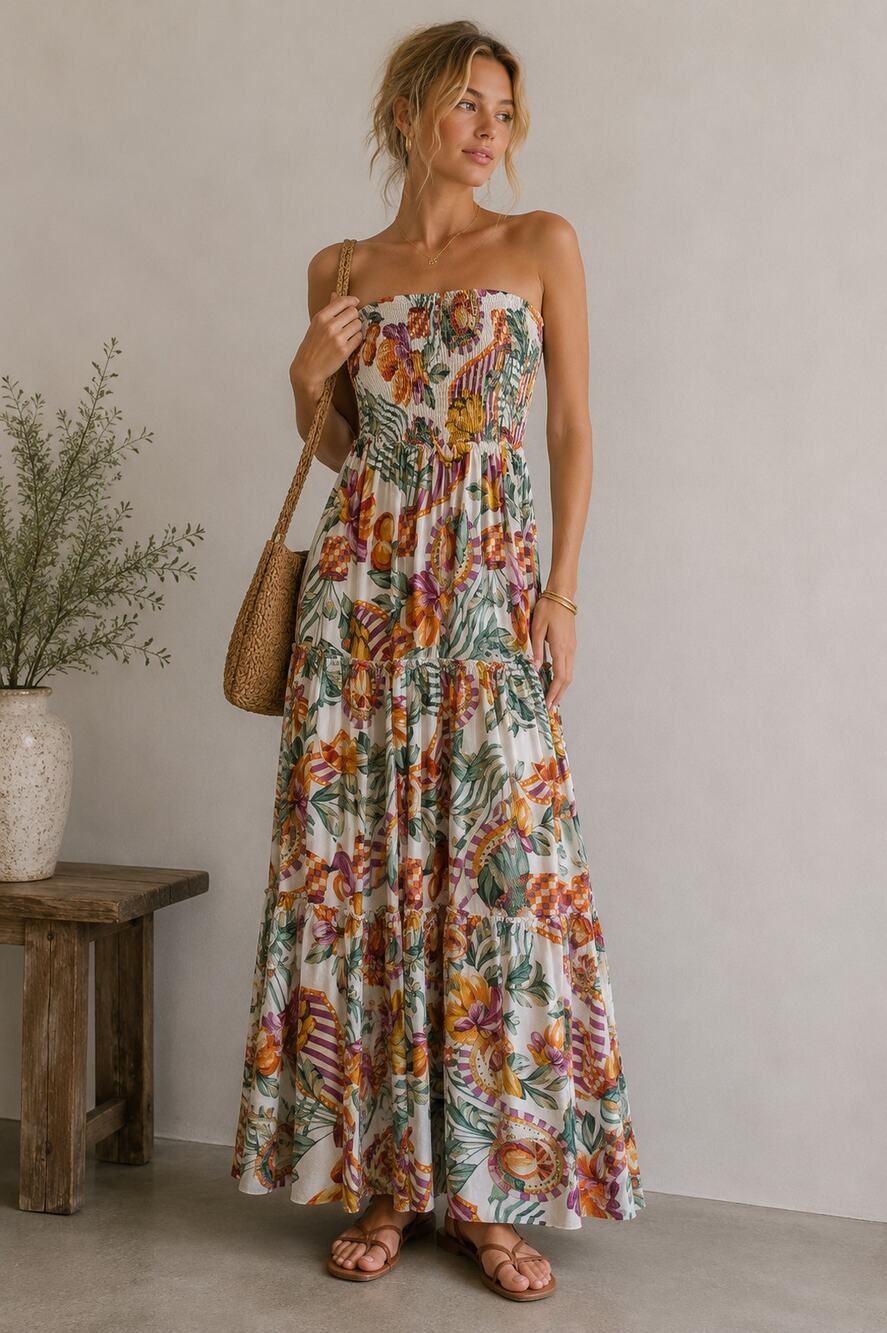 Able The Label Tropical Floral Print Strapless Maxi Dress Womens M Tiered Boho